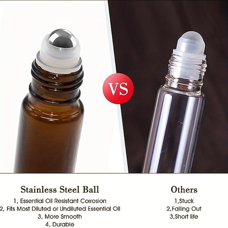 10pcs 10ml Amber Glass Roller Bottles Stainless Steel Roller Balls Caps Travel