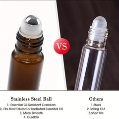 10pcs 10ml Amber Glass Roller Bottles Stainless Steel Roller Balls Caps Travel