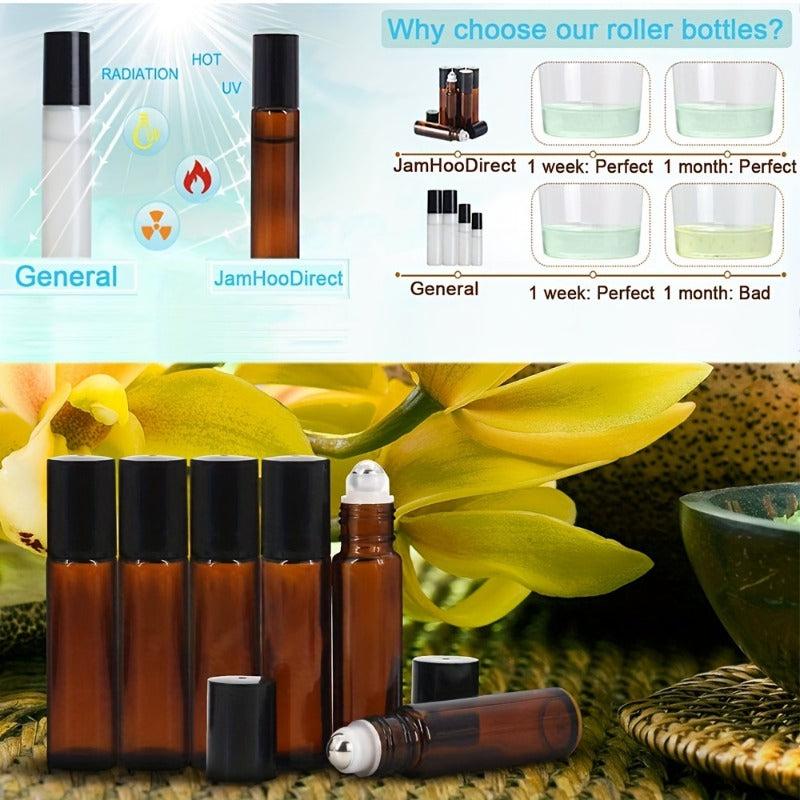 10pcs 10ml Amber Glass Roller Bottles Stainless Steel Roller Balls Caps Travel