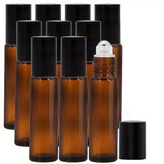 10pcs 10ml Amber Glass Roller Bottles Stainless Steel Roller Balls Caps Travel