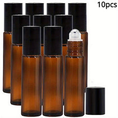 10pcs 10ml Amber Glass Roller Bottles Stainless Steel Roller Balls Caps Travel