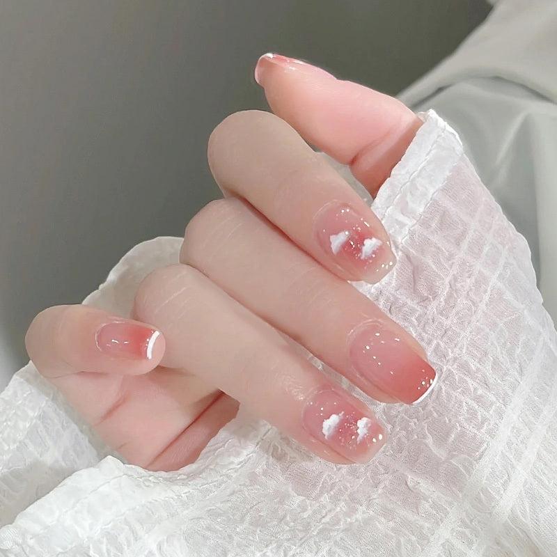 24 pcs Pink Cloudy Press On Nails Easy to Apply and Remove False Nails