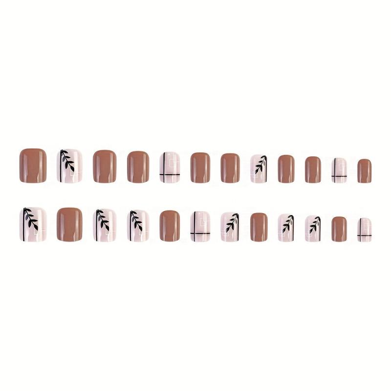 24 pcs Short Square Leaf Line Press On Nails Full Cover Acrylic False Nails