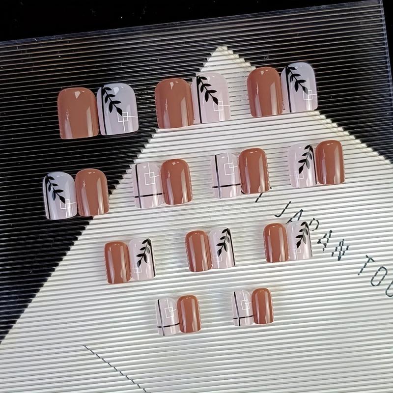 24 pcs Short Square Leaf Line Press On Nails Full Cover Acrylic False Nails