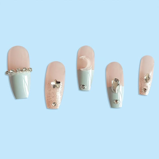 24pcs 3D Moon & Star Press On Nails w/ Glue for Women & Girls