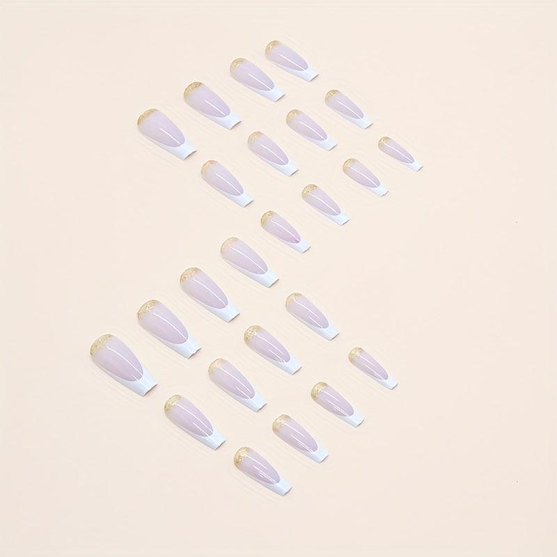 24pcs Golden Glitter French Tip Press On Nails Medium Ballerina False Nails