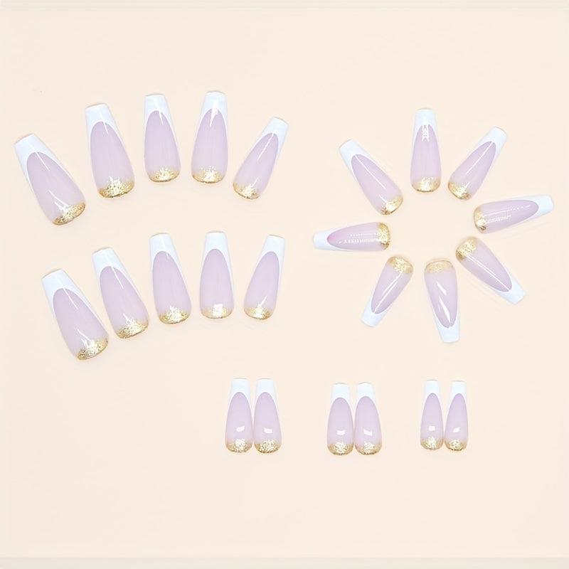 24pcs Golden Glitter French Tip Press On Nails Medium Ballerina False Nails