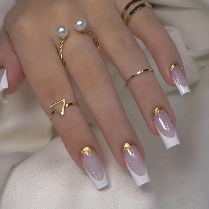 24pcs Golden Glitter French Tip Press On Nails Medium Ballerina False Nails