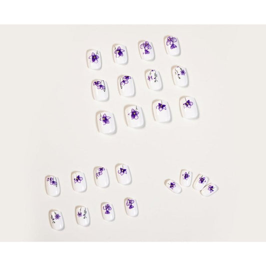 24 pcs Jiaruo Y2K Ink Purple Flower Mini Nails Press On Waterproof