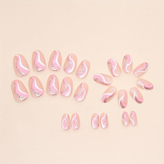 24pcs Nude Pink Glitter Swirl Line Press On Nails for Women and Girls