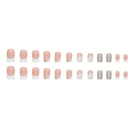 24pcs Pink Glitter French Tips Press On Nails Medium Square False Nails