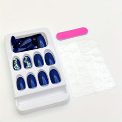 24pcs French Tip Press On Nails Short Oval Rhinestone False Nails for Women