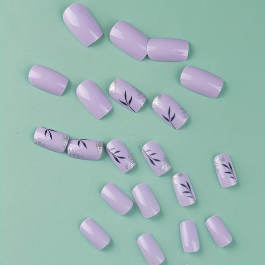 24pcs Glossy Flower Press On Nails with Glitter and Sequins