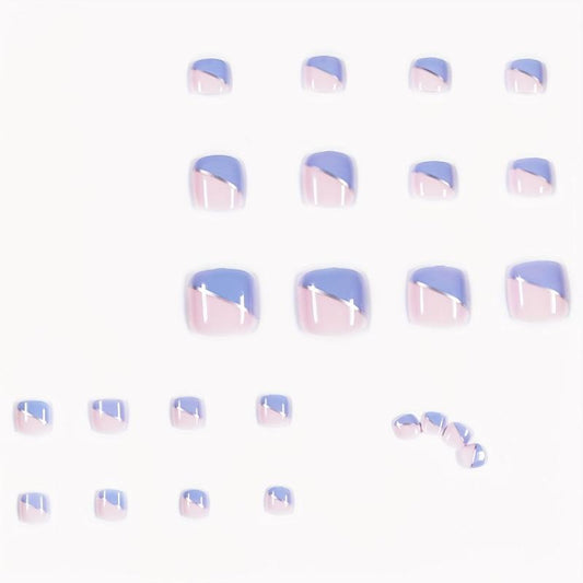 Y2K Press On Toenails Pink Silver Ribbon Tips French Acrylic Stick On Nails