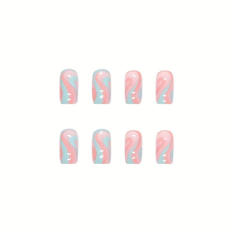 24 Glossy Lake Swirl Press On Nails Full Cover Acrylic Tips for Women and Girls
