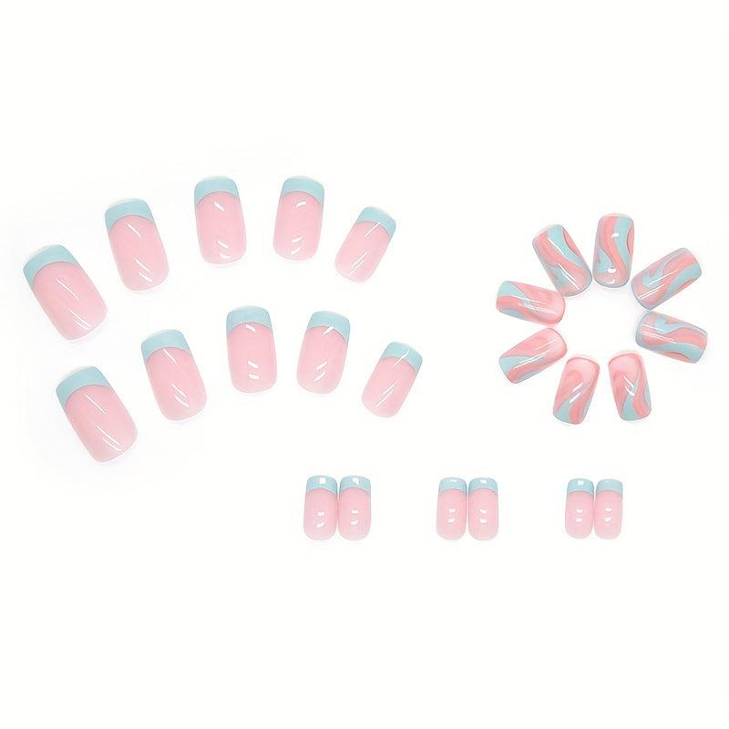 24 Glossy Lake Swirl Press On Nails Full Cover Acrylic Tips for Women and Girls
