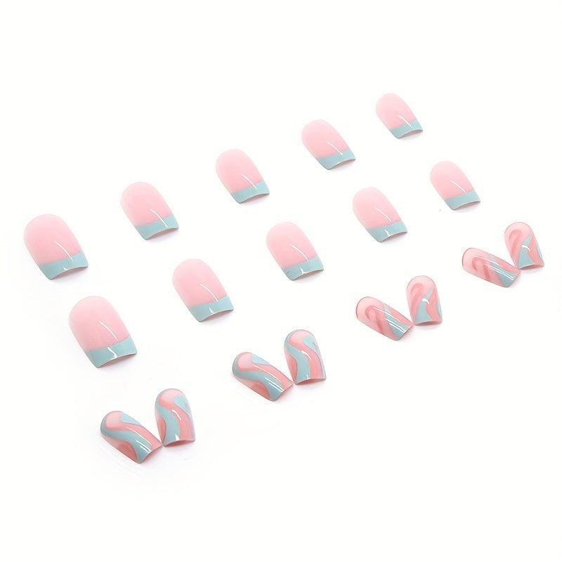24 Glossy Lake Swirl Press On Nails Full Cover Acrylic Tips for Women and Girls