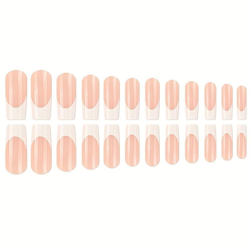 24pcs Glossy Pink Press On Nails French Edge Medium Square Coffin False Nails