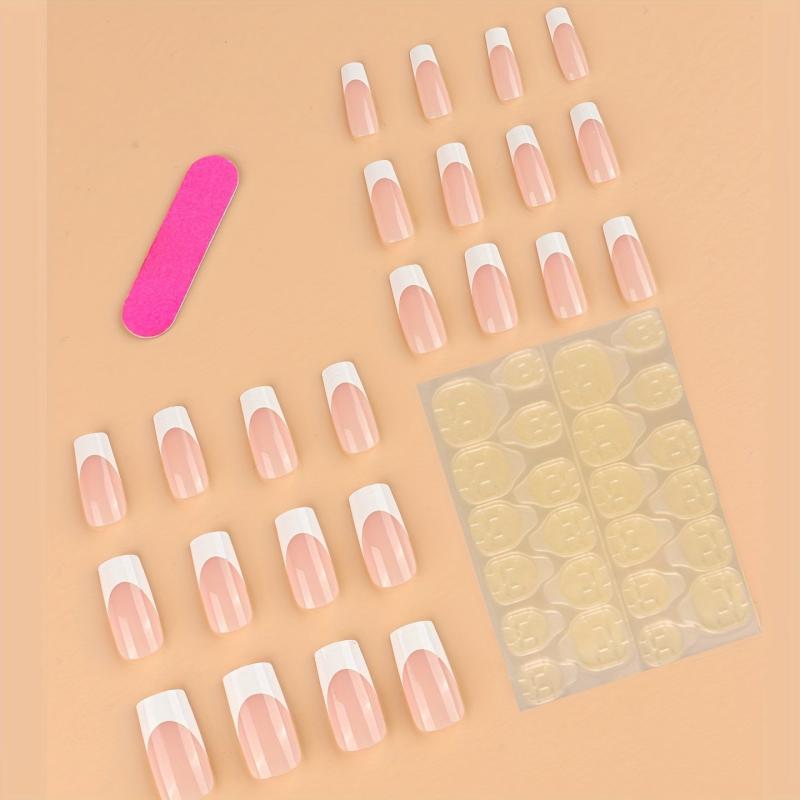24pcs Glossy Pink Press On Nails French Edge Medium Square Coffin False Nails