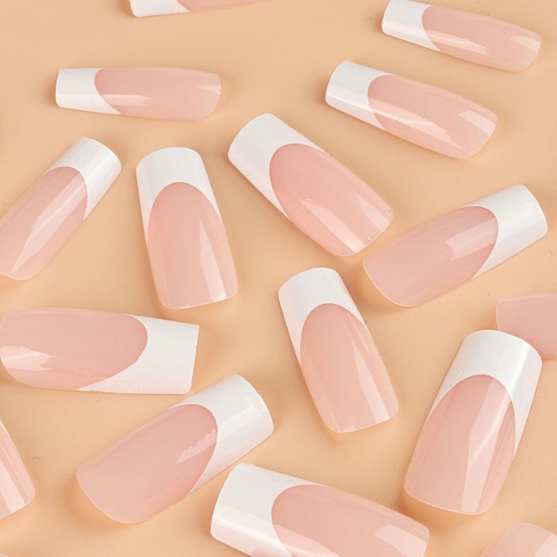 24pcs Glossy Pink Press On Nails French Edge Medium Square Coffin False Nails