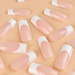 24pcs Glossy Pink Press On Nails French Edge Medium Square Coffin False Nails