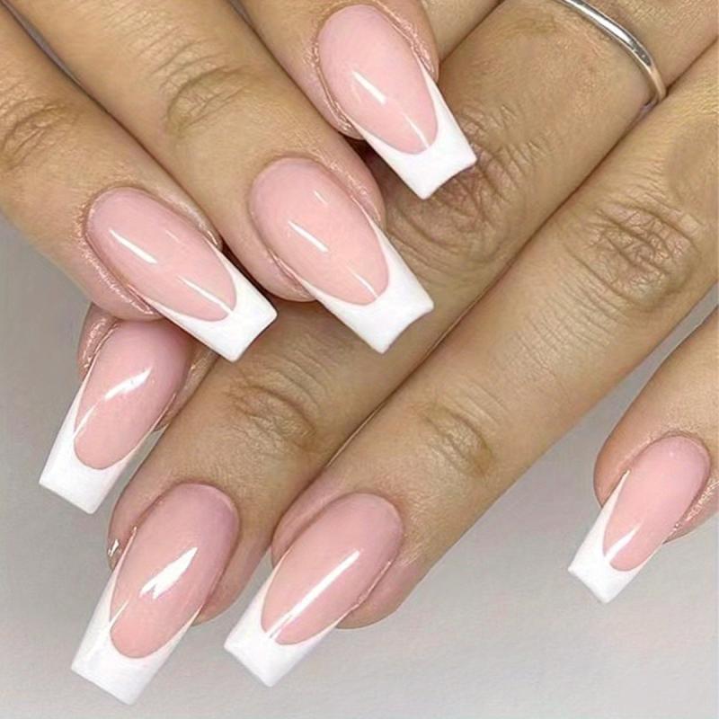 24pcs Glossy Pink Press On Nails French Edge Medium Square Coffin False Nails