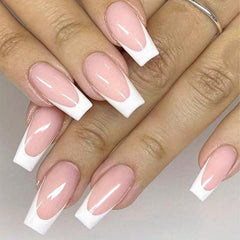 24pcs Glossy Pink Press On Nails French Edge Medium Square Coffin False Nails