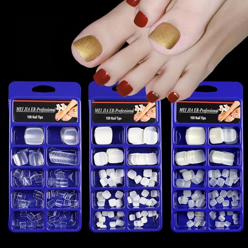 100 Pcs Short Square Toenail Tips Acrylic False Toenail Tips with Box 10 Sizes
