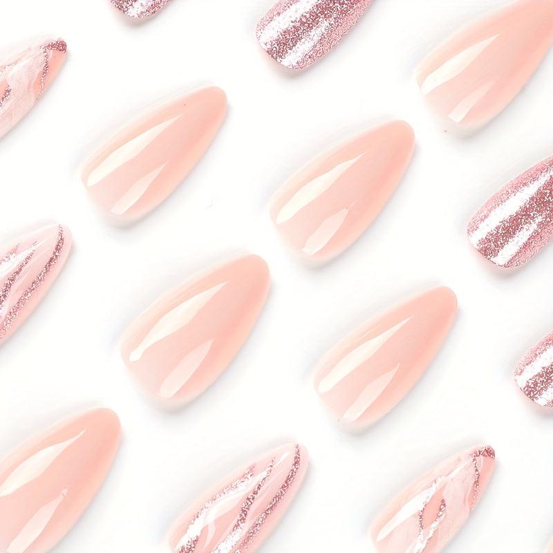 24 pcs Glossy Marbled Press On Nails w/ Silver Glitter Sequin
