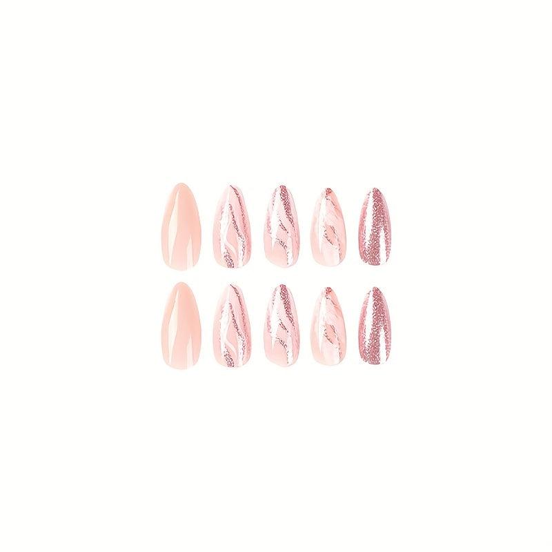 24 pcs Glossy Marbled Press On Nails w/ Silver Glitter Sequin