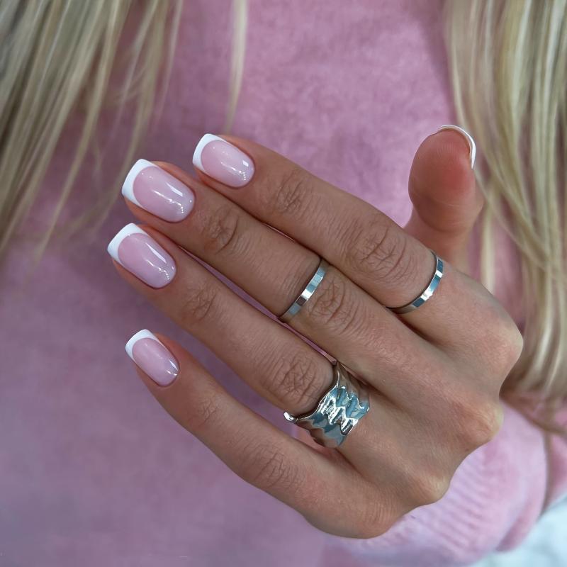 French Tip Pink Press On Nails Full Cover Coffin Short Length