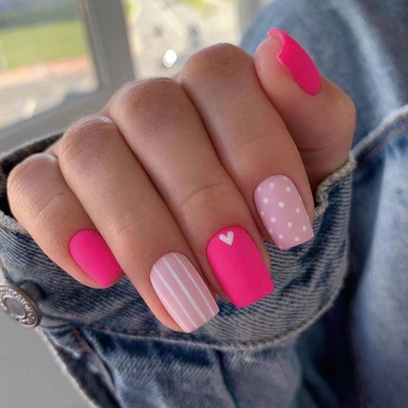 Glossy Coffin Pink Spot Press On Nails for Women