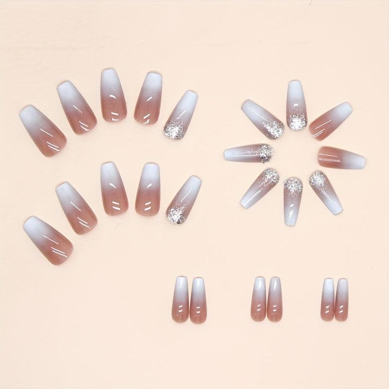 24pcs Gradient Glossy Press On Nails with Glitter Sequin for Women and Girls