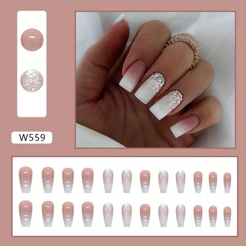 24pcs Gradient Glossy Press On Nails with Glitter Sequin for Women and Girls