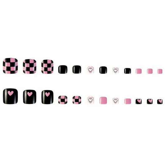 24pcs Checkboard & Heart Full Cover False Toe Nails