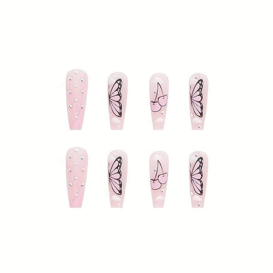 24 pcs Pink Coffin Ballerina Press On Nails with Rhinestones and Butterfly Cloud