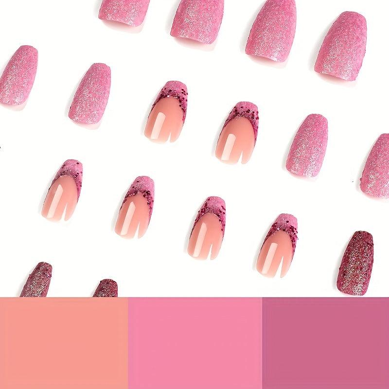 24pcs Pink Purple Glitter Press On Nails Medium Length Full Cover False Nails