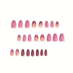 24pcs Pink Purple Glitter Press On Nails Medium Length Full Cover False Nails