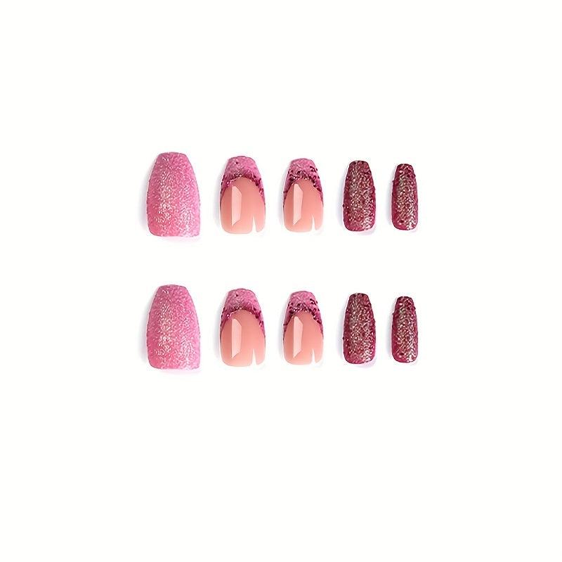 24pcs Pink Purple Glitter Press On Nails Medium Length Full Cover False Nails