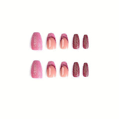 24pcs Pink Purple Glitter Press On Nails Medium Length Full Cover False Nails
