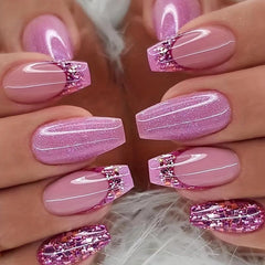 24pcs Pink Purple Glitter Press On Nails Medium Length Full Cover False Nails