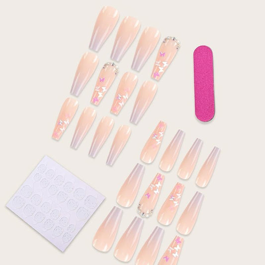 Glitter Butterfly Gradient Pink Square Press On Nails
