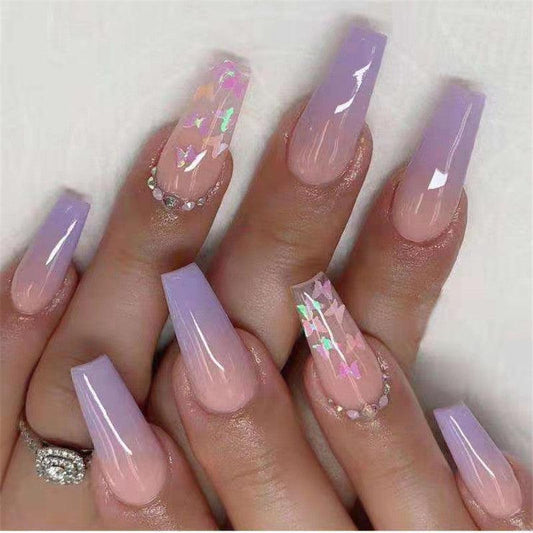 Glitter Butterfly Gradient Pink Square Press On Nails