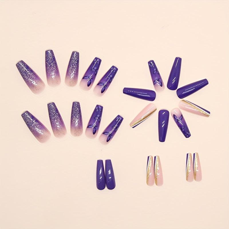 24 pcs Gradient Acrylic Press On Nails Rhinestones Glitter Stick On Tips