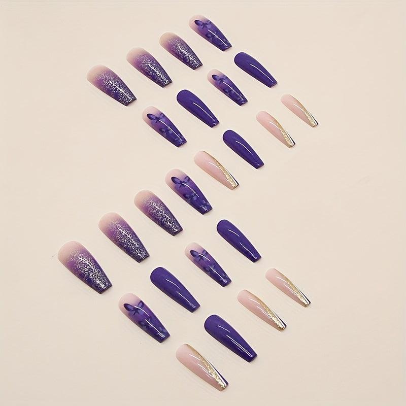 24 pcs Gradient Acrylic Press On Nails Rhinestones Glitter Stick On Tips