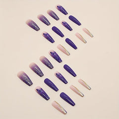 24 pcs Gradient Acrylic Press On Nails Rhinestones Glitter Stick On Tips