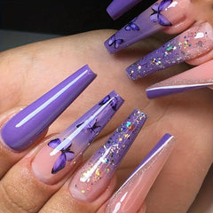 24 pcs Gradient Acrylic Press On Nails Rhinestones Glitter Stick On Tips