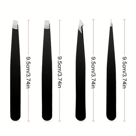4pcs Stainless Steel Eyebrow Tweezers with Case