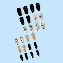 24 pcs Golden Glitter Coffin Press On Nails with Rhinestones and Plaid