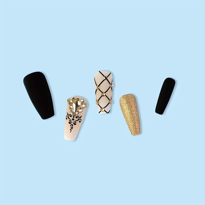 24 pcs Golden Glitter Coffin Press On Nails with Rhinestones and Plaid